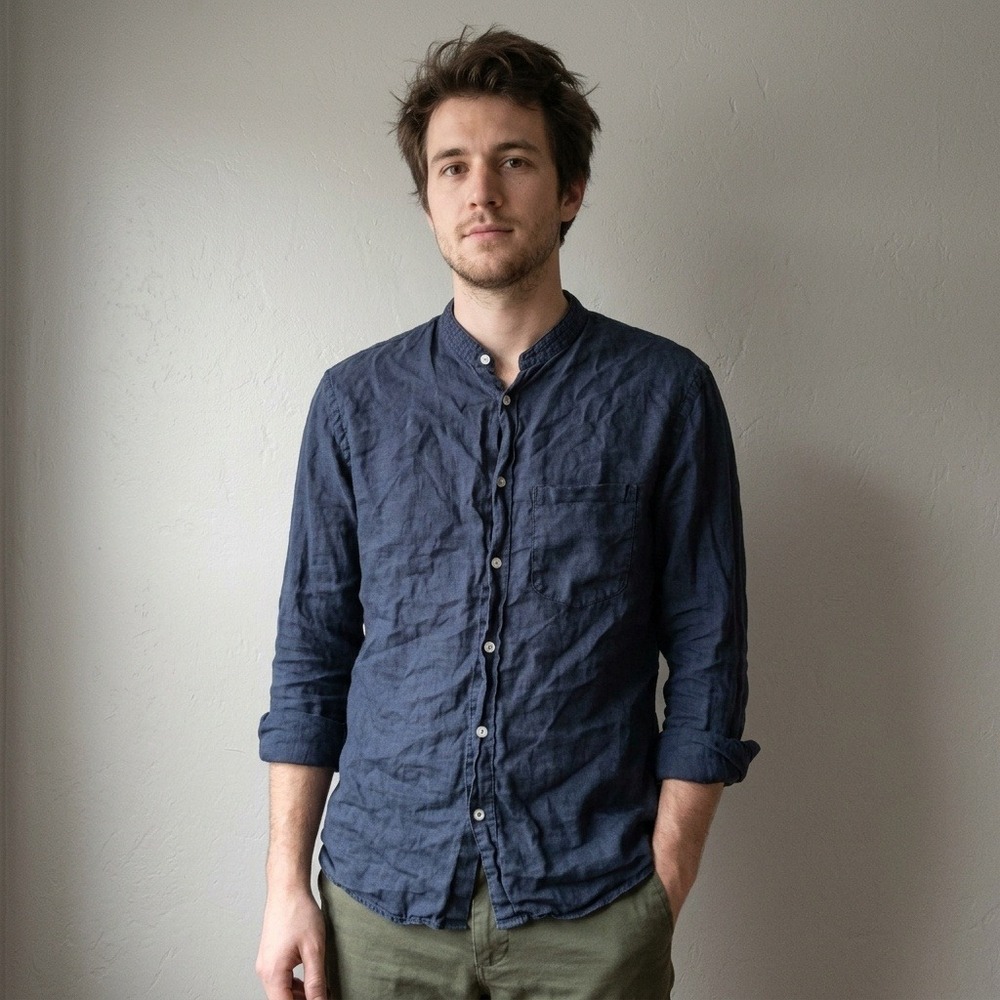 NN07 Devon Mens Button Shirt Small Navy Blue Band Collar Linen Minimalist Scandi